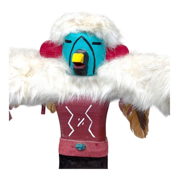 Handmade  Native American Eagle Kachina Doll On Base Faux Fur Feather Large 11" - Picture 2 of 9